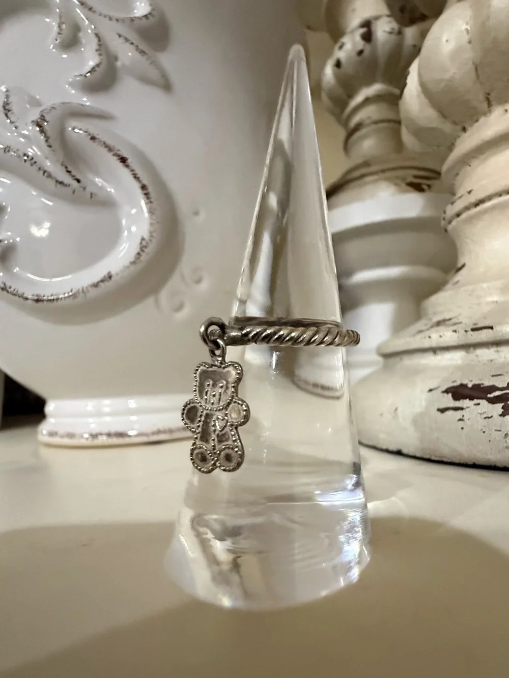 Vintage Sterling Silver Teddy Bear Charm Ring on Rope Band